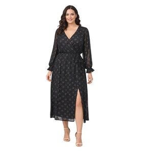 NAF NAF Black Chiffon Faux Wrap Midi Dress with Crescent Print